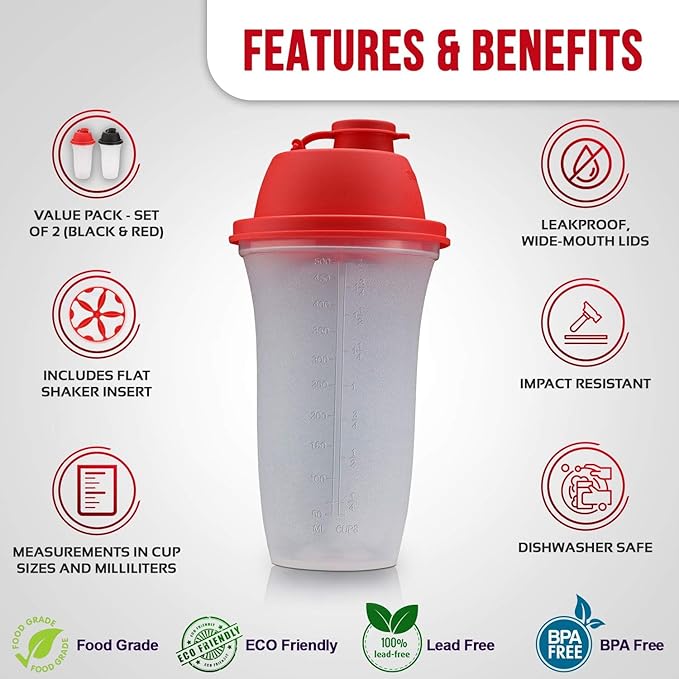 SIGNORA WARE Shaker Bottles | 17-Ounce Plastic Protein Shake Bottle for Meal Replacement Shakes & Smoothies, Beverages, Mixing Salad Dressing & Sauces, Margarita, & More