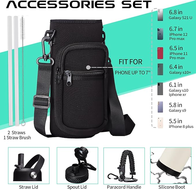 Insulated Water Bottle - 32oz 40oz 64oz Water Bottles with Straw & Spout Lids, Carrier Bag, Paracord Handle and Flask Boot, Reusable Stainless Steel Water Bottle, Metal Canteen Mug for Work Sports