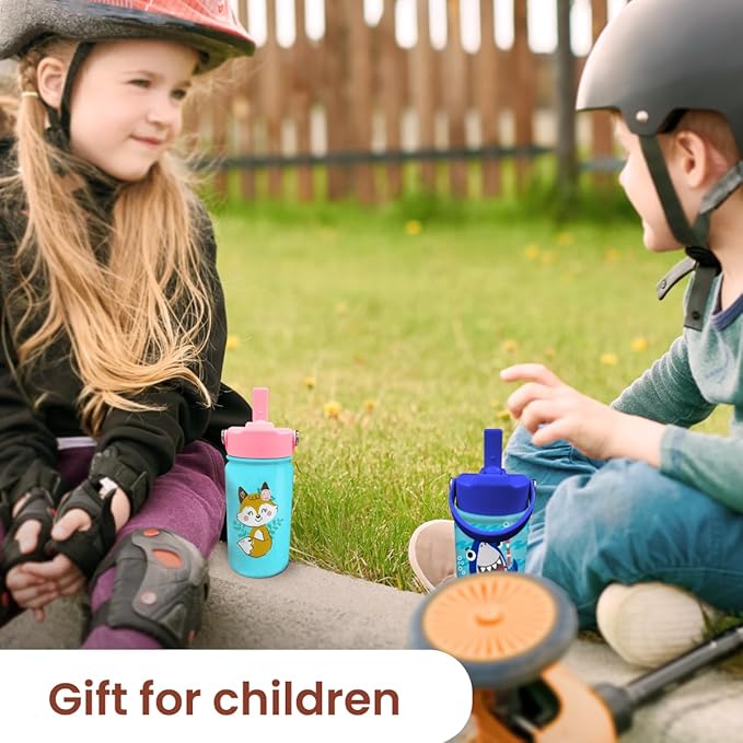 Fox Water Bottle - Kids Water Bottle with Straw Lid - 12 Oz Insulated Stainless Steel Water Bottles for Toddlers Kid Girl - Travel Cup for School Sports