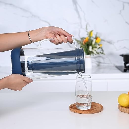 GLACIER FRESH Glass Water Pitcher for Tap and Drinking Water with Membrane and Activated Filter, Reduces Chlorine and Lead Taste, Food Grade and BPA Free Materials, 7-Cup, Blue