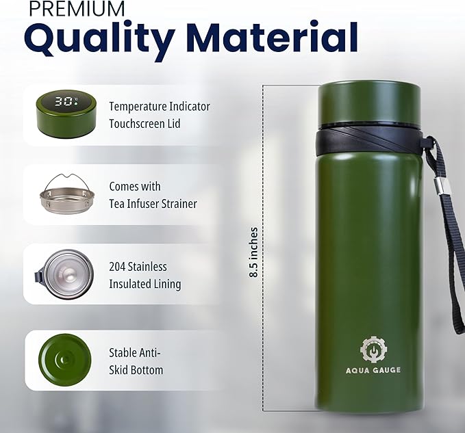 Stainless Steel Thermal Bottle, 600 mL, Digital Temperature Display, 4 Colors (Green)
