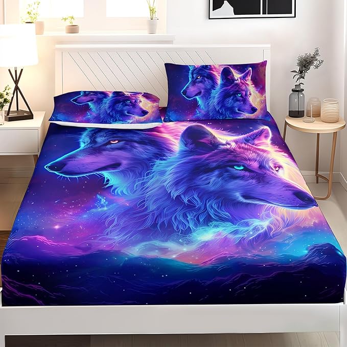 AILONEN Wolf Fitted Sheet Set Queen Size for Boys,Purple Galaxy Wolf Bed Sheet Set for Kids Teen, 3 Pieces Safari Wolf Sheet Set,Starry Wolves Fitted Sheet with 2 Pillowcases