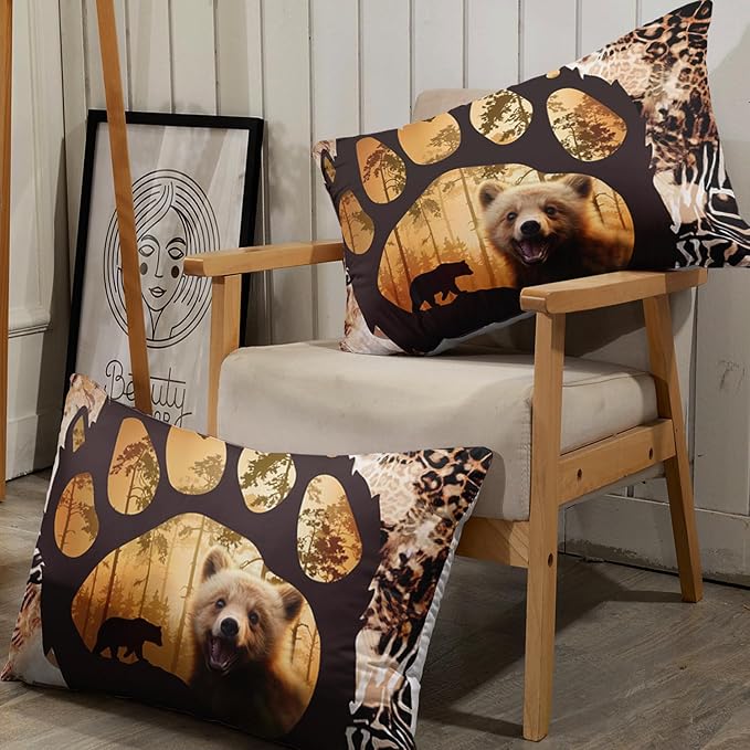 AILONEN Cute Bear Full Fitted Sheet Set for Girls Boys, Bear Paw Sheet Leopard Print Fitted Sheet with 2 Pillowcases,3 Pieces Rustic Vintage Bear Bed Sheet Set