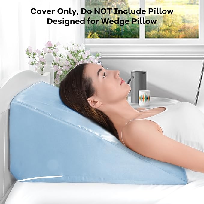 HOMBYS Satin Bed Wedge Pillow Cover Silky & Smooth Wedge Pillowcase 1 Pack 24x24x12, Soft & Breathable, Removable & Machine Washable-Zipper Design (Pillow Not Include),Light Blue