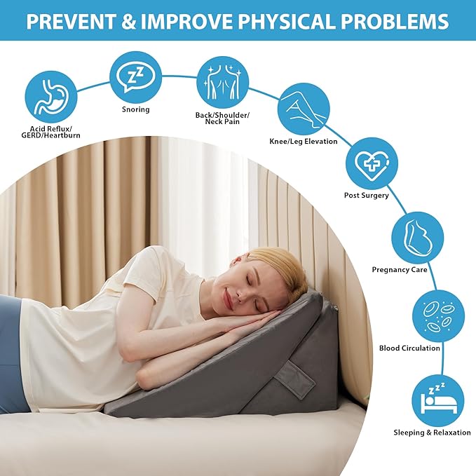 Bed Wedge Pillow for Sleeping, 9 & 12 Inch Adjustable Wedge Pillow for Back Pain Relief, 7-in-1 Memory Foam Triangle Pillow Wedge for Post Surgery, Acid Reflux, GERD, Snoring, Grey
