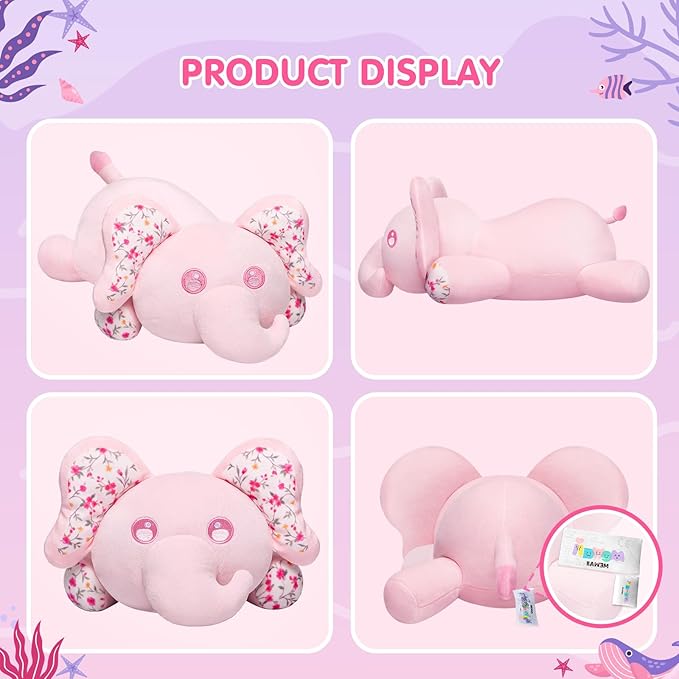 Cute Elephant Plush Pillow, Kawaii Plushies Pink Elephant Stuffed Animals, Squishy Plushies, Cuddle Plush Pillow for Boys & Girls