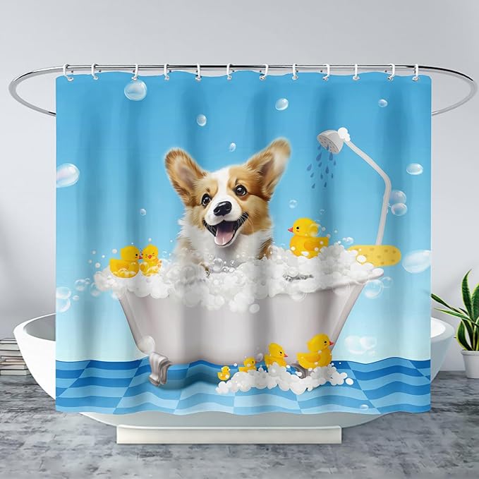 AILONEN 3D Bathtub Dog Shower Curtain for Kids 72" W*78" H Kawaii Shower Puppy and Bathtub Yellow Duck Shower Curtain,Polyester Waterproof Fabric Decor for Bathroom Bathtub Panels