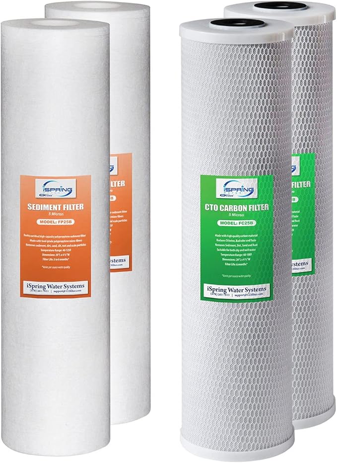 iSpring F4WGB22B 4.5” x 20” 2-Stage Whole House Water Filter Replacement Pack Set with Sediment and Carbon Block Cartridges, Fits WGB22B, White