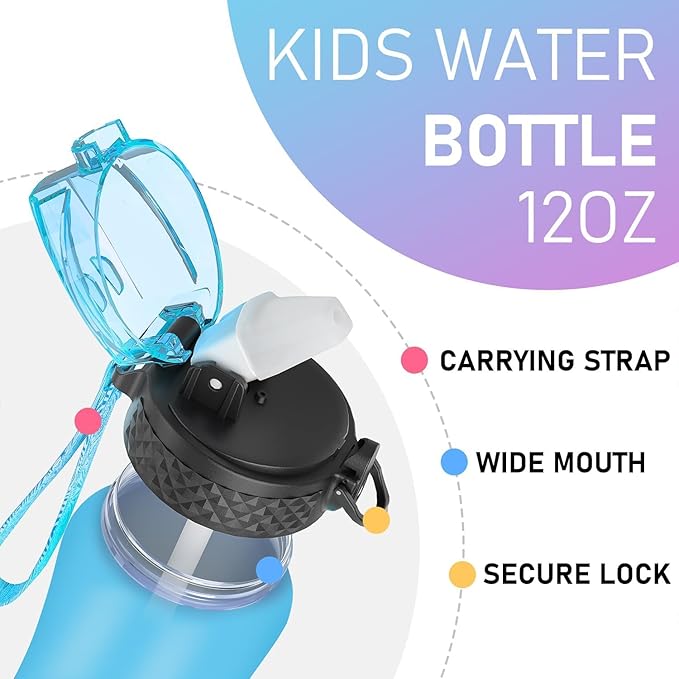 GOPPUS Kids Water Bottle with Straw Spout Lid 10pcs Stickers 12 oz Leak-proof BPA Free Motivational Time Marker Tritan Plastic Water Bottles for Girls Boys School Sports