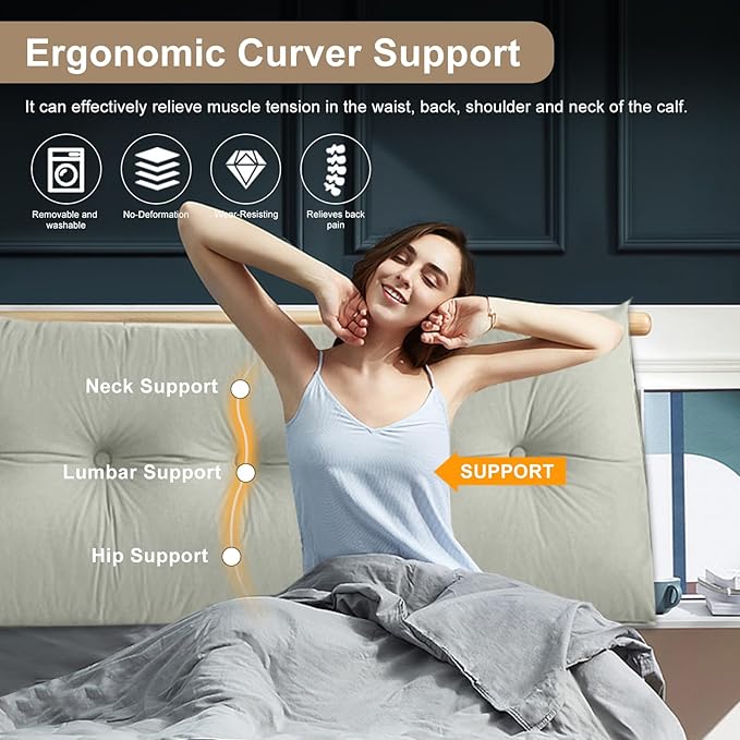 Large Triangular Headboard Pillows Long Backrest Positioning Support Bolster Cushion for Daybed Fluffy Quality Plush Body Wedge Pillow with Removable Cover(Dark grey-Queen-59x8x20in)