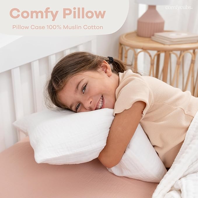 Comfy Cubs Toddler Pillow with Soft Muslin Pillowcase, 13"x18", White - Kids Pillow for Sleeping & Travel - Adorable & Comfortable Small Pillow - Kids Travel Pillow with Breathable Microfiber Fill