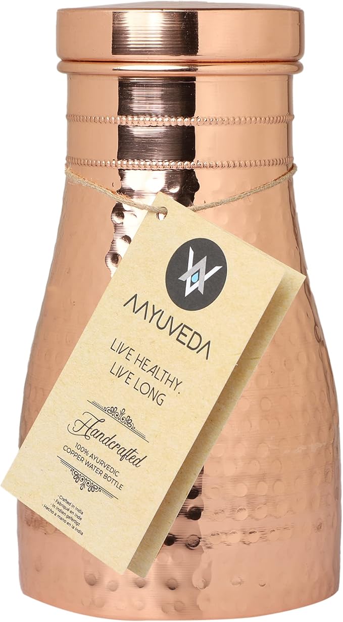 AAYUVEDA® Hammered Pure Copper Bedroom Water Bottle 34oz, with In-Built Tumbler (Loose Lid, Pack of 1)