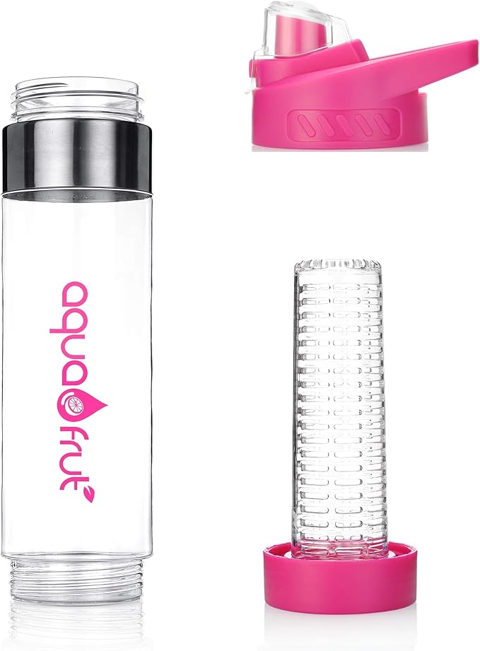 NEW AquaFrut Bottom Loading Fruit Infuser Water Bottle - BPA Free Tritan Plastic - Leak Proof - 24 OZ - Infusion Recipe eBook (Pink)