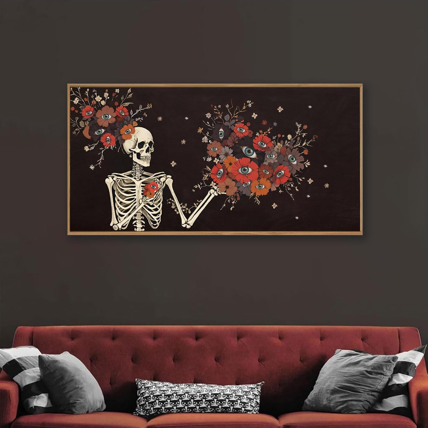 KAIRNE Halloween Skeleton Wall Art,Gothic Skull Canvas Set of 1(40”x20”),Romantic Spooky Floral Botanical Print,Scary Skull Painting,Horror Halloween Wall Art for Living Room Bedroom Goth Party Decor