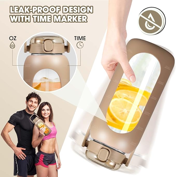 Glass Water Bottles 64 oz - Large Half Gallon Motivational Water Bottle with Time Marker Straw Phone Holder Handle, 64oz Daily Water Intake Jug with Silicone Sleeve for Office Work Gym Sandy Beige