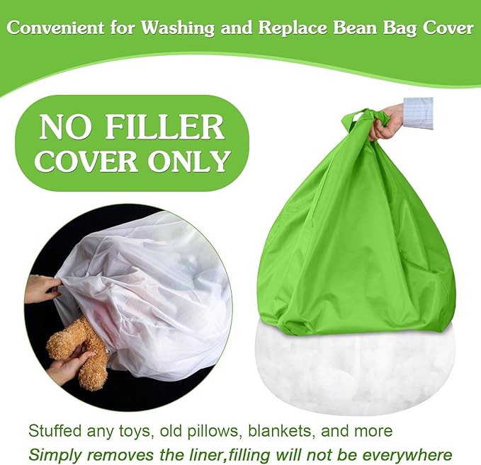 Meonum Bean Bag Chair Cover(No Filler) for Kids Stuffed Storage Bean Bag Chair Cover with Inner Liners for Easy Cleaning Bean Bag for Organizing Children (Green,27.6 x 31.5 Inch)