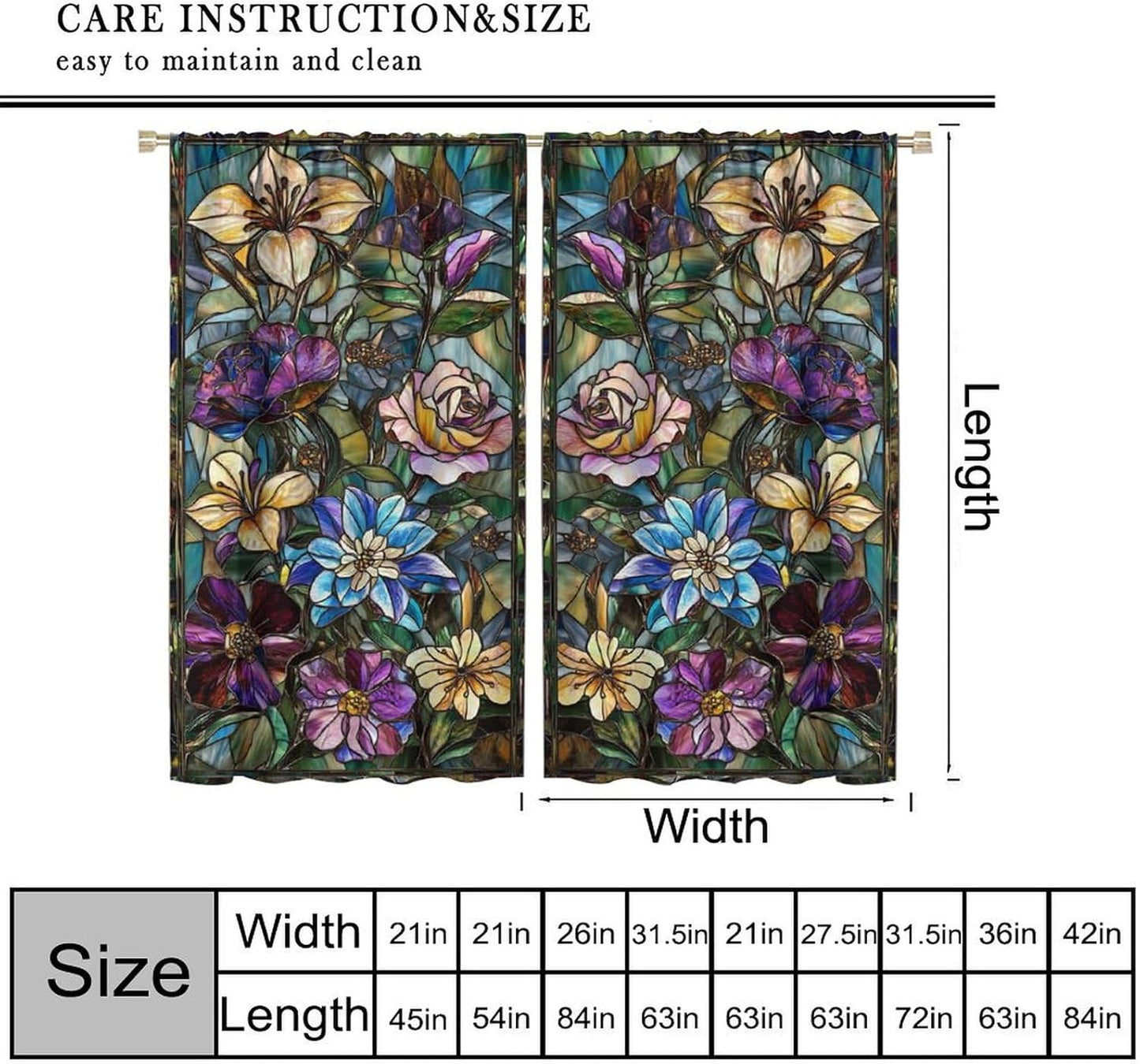 Stained Glass Curtains,Retro Colored Glass Flowers Art Home Decor Drapes for Bedroom Living Room Kitchen Window Treatment 2 Panels Set Total Size 42" W X 45" L Inch