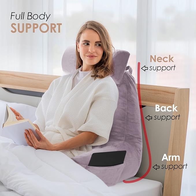 Nestl Reading Pillow Large Bed Pillow, Back Pillow for Sitting in Bed Shredded Memory Foam Chair Pillow, Reading & Bed Rest Pillows Dusty Purple Back Pillow for Bed, Bed Chair Arm Pillow with Pockets