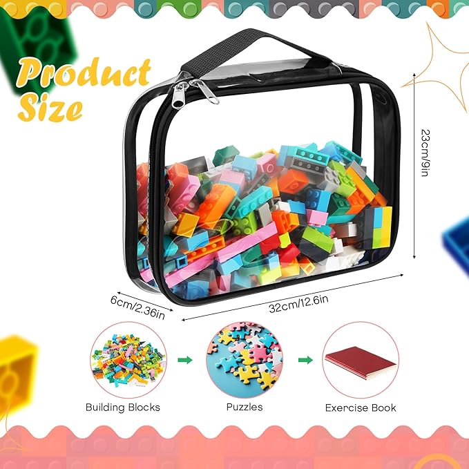 Sanwuta 3 Packs Toy Storage Bags with Zipper, Clear PVC Organizing Bags, Waterproof Toy Bags for Board Games, Building Blocks, Toys and Kids Books (Black, White, Gray,12.6 x 9 x 2.36 Inch)