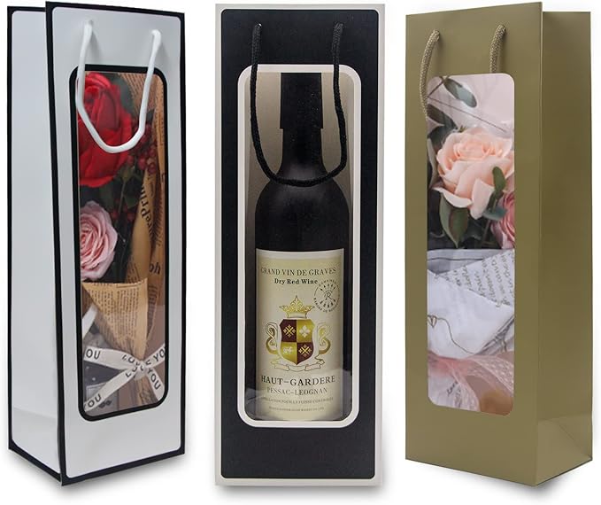 WAKAKO 12 Pcs Wine Gift Bags for Wine Bottles, Reusable Clear Window Wine Bottle Bags Bulk with Handles for Weddings, Valentine's Day, Birthday, Party, Graduations, Thanksgiving (White)