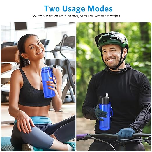 AMIR 0.01μm Ultra-Filtration Filtered Water Bottle, Built-in Compass Water Filter Bottle with 4-Stage Filtration for Hiking,Survival, Camping, Backpacking, Emergency