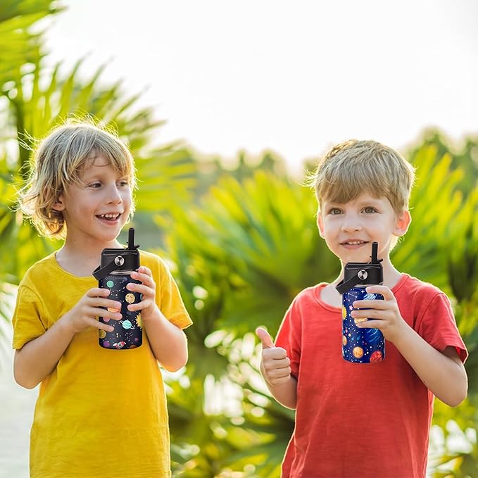 Kids Insulated Water Bottle, 2 Pack 12oz Space Water Bottles Bulk with Flip Straw & Big Handle, 18/8 Stainless Steel, Gifts for Kids Boys Girls to School Travel Sports, Hands Wash Only, Blue & Black