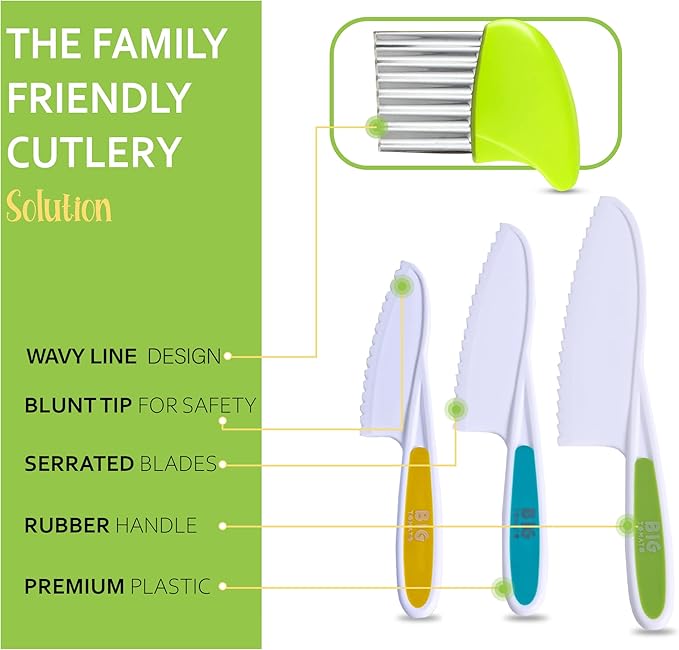 Toddler Knife Set for Real Cooking 4-Pcs Nylon Kids Knife Set with Crinkle Cutter - Kid Safe Knives in 3 Sizes for Cutting Fruit, Lettuce and Bread - Serrated Edges, Firm Grip