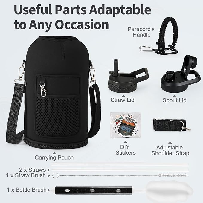 One Gallon Water Bottle Insulated, Triple Wall Vacuum Cold for 48 Hrs & Leak-proof & Non-BPA, 128oz Large Sports Stainless Steel Water Jug with Paracord Handle Straw Spout Lids & DIY Stickers