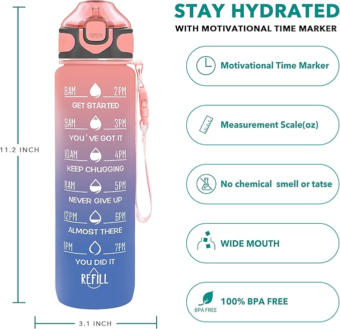 Enerbone 32 oz Drinking Water Bottle with Times to Drink and Straw, Motivational with Carrying Strap, Leakproof BPA & Toxic Free, Ensure You Drink Enough Water for Fitness Gym Outdoor