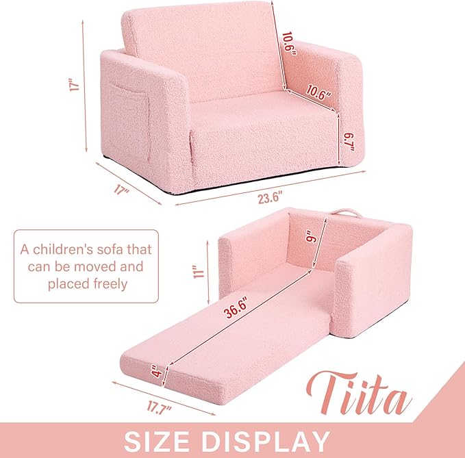 Tiita Kids Chair Couch, Folding Toddler Comfy Sofa Chairs, 2-in-1 Kids Plush Sofa Fold Out, Baby Armrest Chair Sofa to Lounger, Convertible Play Sofas to Bed for Girl or Boy, Pink