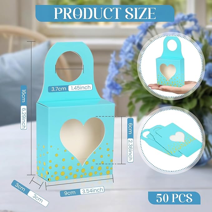 Megitzuu 50 Pieces Wine Bottle Box with Window, Blue Wine Boxes for Gifts Hanging Foldable Wine Gift Boxes Kraft Paper Wine Bottle Hanger Favor Box for Holding Candy Truffles Chocolate Cookies