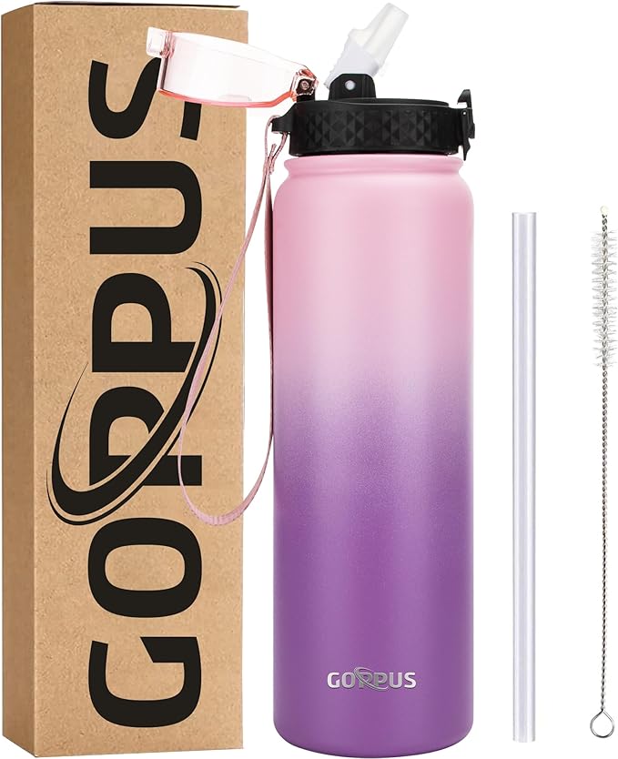 GOPPUS 32 oz Sports Water Bottle 1 Liter Double Wall Insulated Stainless Steel Water Bottles with Straw Lid Reusable Leak proof Metal water bottles with Strap Handle(Pink Purple 1 lid)