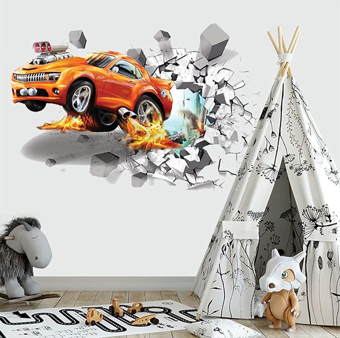 3D Fire Car Wall Sticker Decal Crack Hole fire Car Wall Art Decal Removable Broken Smashed Car Decoration Mural for Boys Bedroom Baby Kids Nursery Room (3D Fire Car)