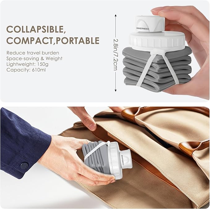 INNERNEED Collapsible Water Bottle, Reuseable BPA Free Silicone Foldable Water Bottles for Travel Gym Camping Hiking, 20.6 fl.oz, Portable, Food-Grade, Leak Proof (1 Pack, Gray)