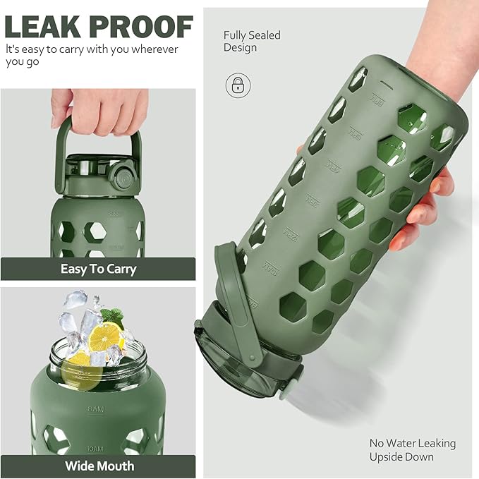 MUKOKO 56oz Glass Water Bottles with Straw and Lid,Motivational Water Jug with Time Marker Reminder and Silicone Sleeve,100% Leakproof BPA Free Fitness Sports Large Bottle-Olive