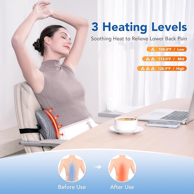 Lumbar Support Pillow Adjustable Traction Height with Heating for Lower Back Pain Relief, Memory Foam Back Pillow, Ideal for Office Chair, Recliner, Car Seat, Bed