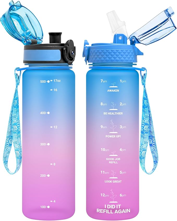 OLDLEY Kids Water Bottle for School, 17 oz (2 lids) BPA-Free Reusable Leak-proof Durable Tritan Plastic Water Bottles with Straw & Chug Lids, Anti-dust Spout Cover (Lake)