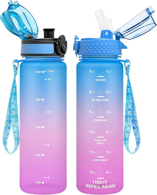 OLDLEY Kids Water Bottle for School, 17 oz (2 lids) BPA-Free Reusable Leak-proof Durable Tritan Plastic Water Bottles with Straw & Chug Lids, Anti-dust Spout Cover (Lake)