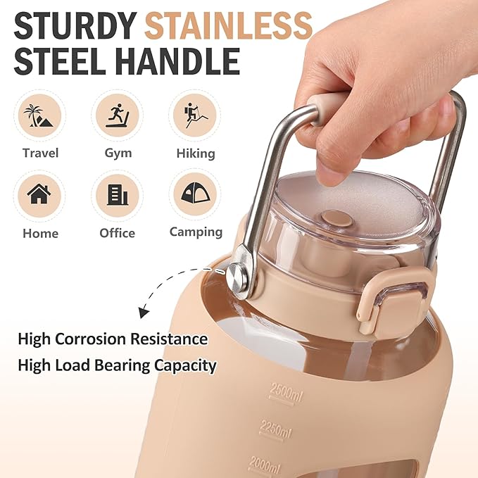 84oz Glass Water Bottle with Stainless Steel Handle,2.4L Gallon Water Bottle With 2-IN-1 Straw Lid, Silicone Sleeve and Motivational Capacity Marker, Wide Mouth Water Jug For Gym, Workout, Amber