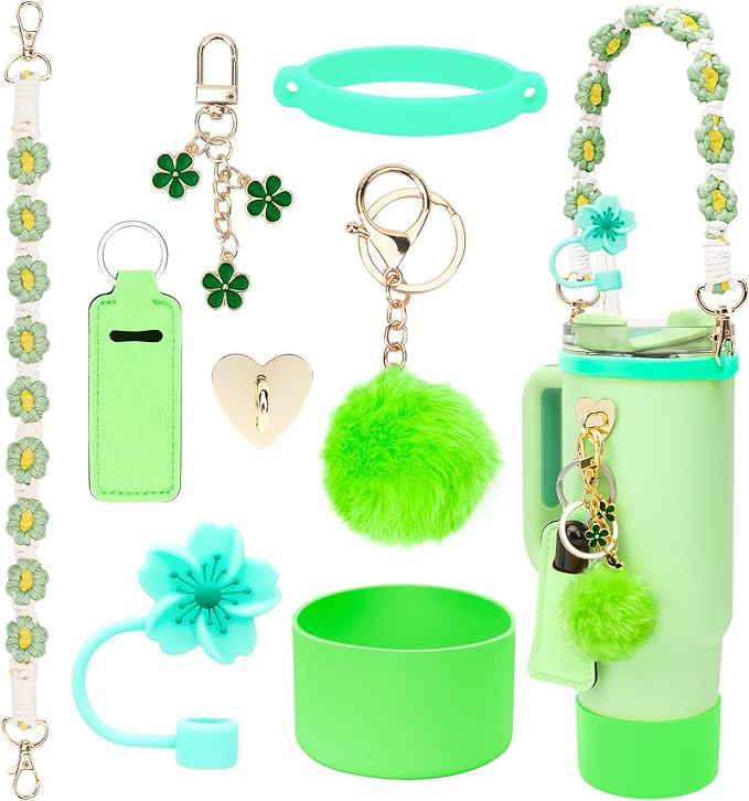 Stanley Cup Accessories Set Including 1 Pcs Water Bottle Handle Strap, 1 Pcs Siliocne Straw Cover, 1 Pcs Siliocne Stanley Cup Boot, 3 Pcs Stanley Charms for Stanley Cup 40oz & 30oz Tumbler - Green