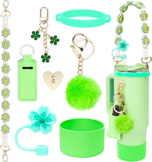 Stanley Cup Accessories Set Including 1 Pcs Water Bottle Handle Strap, 1 Pcs Siliocne Straw Cover, 1 Pcs Siliocne Stanley Cup Boot, 3 Pcs Stanley Charms for Stanley Cup 40oz & 30oz Tumbler - Green