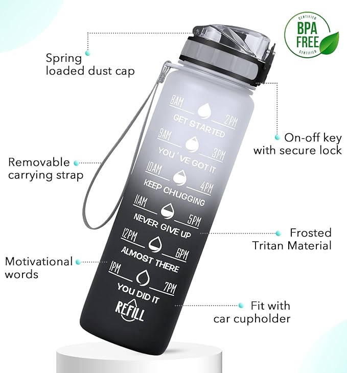 32oz Motivational Water Bottle with Time Marker & Fruit Strainer, Leak-proof BPA Free Non-Toxic Bottle with Carrying Strap, Perfect for Fitness, Gym and Outdoor Sports
