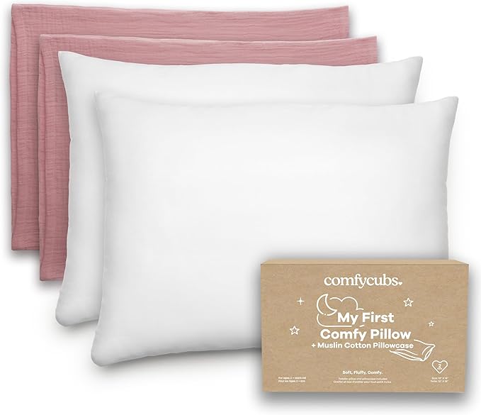 Comfy Cubs Toddler Pillow with Soft Muslin Pillowcase, 13"x18", Mauve (2 Pack) - Kids Pillow for Sleeping & Travel - Comfortable Small Pillow - Kids Travel Pillow with Breathable Microfiber Fill