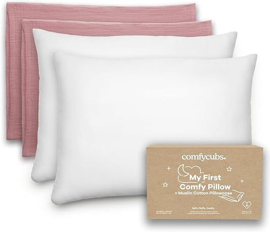 Comfy Cubs Toddler Pillow with Soft Muslin Pillowcase, 13"x18", Mauve (2 Pack) - Kids Pillow for Sleeping & Travel - Comfortable Small Pillow - Kids Travel Pillow with Breathable Microfiber Fill