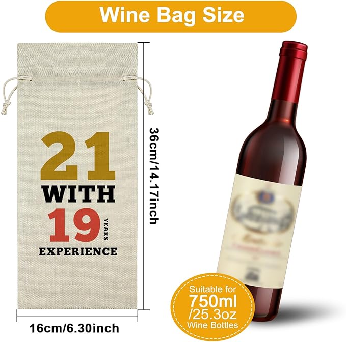 Sazuwu Funny 40th Birthday Gifts Wine Bag 40 Year Old Birthday Gifts for Friend 1984 Birthday Gifts Wine Bottle Decoration Bag 21 with 19 Years Experience Wine Accessories Gifts for Wine Lovers