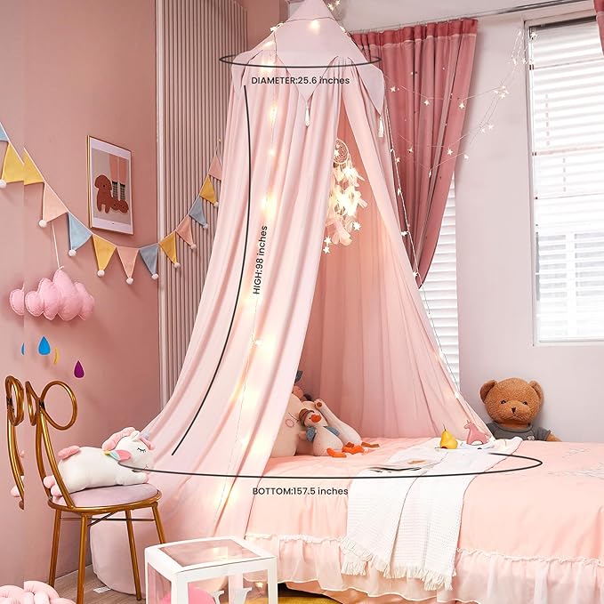 Akiky Bed Canopy for Girls with Lights Princess Dream Catcher for Kids Reading Nook Bed Tent for Twin Full Queen Size Bed,Room Decor (Beige Pink)