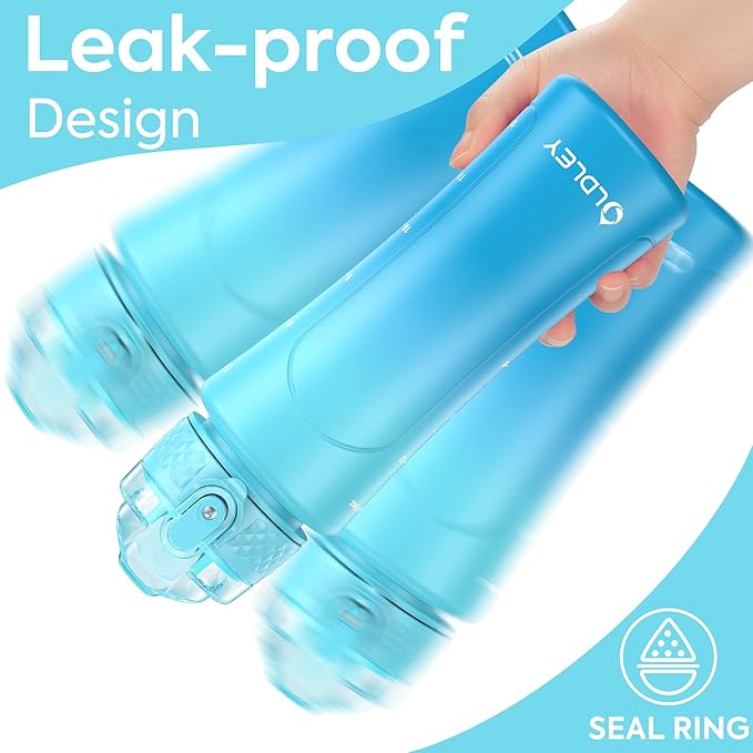 OLDLEY Kids Water Bottle with Straw 15 oz BPA-Free Leak-Proof Motivational Water Bottles with Time Marker for School Sports Travel Gym, Easy to Use for Girls Goys, 1 Straw Lid, Green Blue