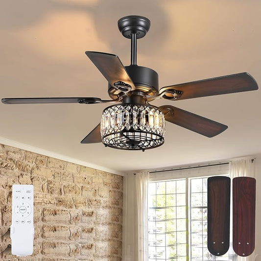 Chandelier Ceiling Fans with Lights, Crystal Ceiling Fan with Remote, 48 Inch Farmhouse Fandelier Ceiling Fan for Living Room Dining Room Bedroom, Dual Finish Wooden Blades, Black