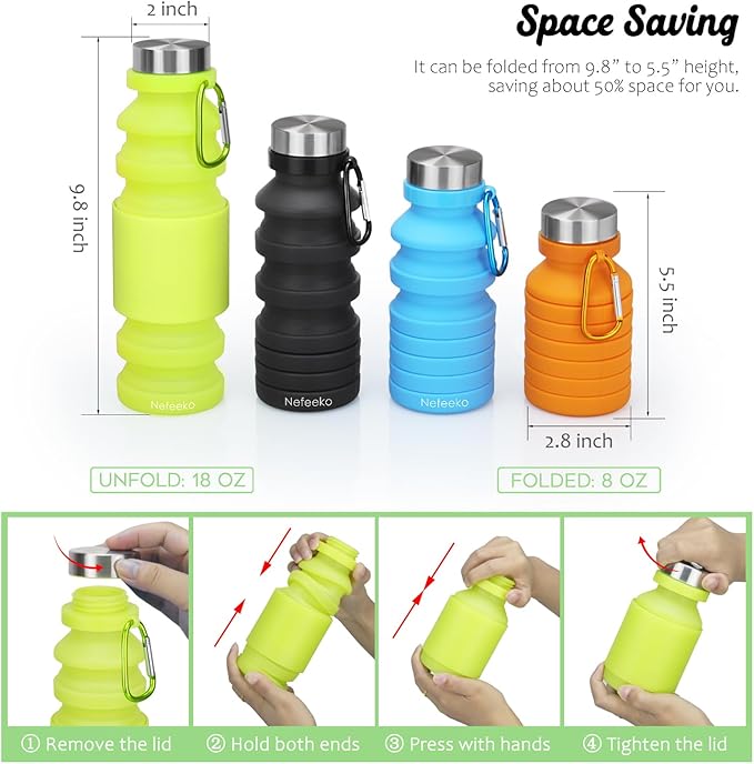 Nefeeko Collapsible Water Bottle, Reuseable BPA Free Silicone Foldable Water Bottles for Travel Gym Camping Hiking, Portable Leak Proof Sports Water Bottle with Carabiner