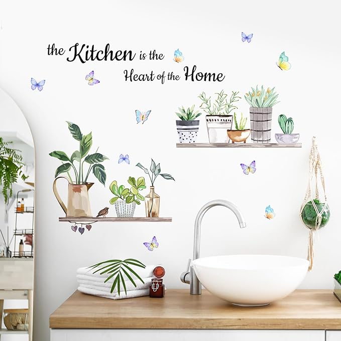Green Plants Shelves Wall Deals Potted Plants Leaves Wall Stickers The Kitchen is The Heart of Home Word Saying Peel and Stick Wall Art Decals for Kitchen Dining Room Restaurant Living Room Wall Decor